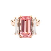 14K Rose and White Gold 13*6.5mm Emerald Cut Lab Pink Sapphire and Two Baguette Cut Lab Diamond Three Stone Cocktail Ring with Tapered Band