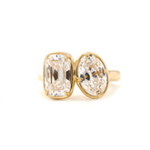14K Yellow Gold 2.5ct Elongated Old Mine Cut and 2ct Oval Old Mine Cut Lab Diamond Prong Bezel Toi et Moi Ring