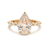 14K Yellow Gold 3ct Pear Cut Lab Diamond 5 Claw Prongs Floral Basket Engagement Ring with Marquise Cut and Round Cut Diamond Side-stones