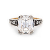 18K Gold 4.5ct Elongated Old Mine Cut Lab Diamond Antique-inspired Ring with Princess Cut Lab Sapphire & Round Cut Lab Diamond Side-stone