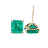 14K Yellow Gold 4.5 ct tw Asshcer Cut Colombian Lab Emerald 4 Claw Prong Basket Stud Earrings