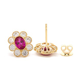 Oval Pink Sapphire & Round Lab Diamond Flower Millegrain Bezel Stud Earrings