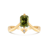 14K Yellow Gold Radiant Cut Green Lab Diamond Sylvan Crown Ring with a Hidden Round Diamond