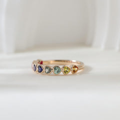 10K Yellow Gold Heart Shaped Rainbow Color Synthetic Corundum Half Eternity Ring