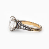 18K Gold 4.5ct Elongated Old Mine Cut Lab Diamond Antique-inspired Ring with Princess Cut Lab Sapphire & Round Cut Lab Diamond Side-stone