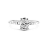 Platinum 1ct Oval Cut Lab Diamond 4 Claw Prong Basket Setting Round Lab Diamond Pave Ring with A 7-stone Round Lab Diamond V-Shaped Ring Enhancer - Bridal Ring Set Design