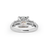 14K White Gold 3ct Old Mine Cut Lab Diamond Art Deco Style Vintage Engraved Three-stone Ring with Tapered Baguette Cut Side Stones