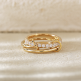 18K Yellow Gold Triple Link Stacking Ring with Round Lab Diamond Pave