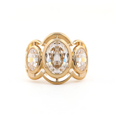 14K Yellow Gold 3ct Oval Old Mine Cut Lab Diamond Victoran-Style Millegrain Bezel Three Stone Ring
