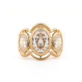 14K Yellow Gold 3ct Oval Old Mine Cut Lab Diamond Victoran-Style Millegrain Bezel Three Stone Ring