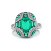 18K White Gold 2ct Cushion Lab Columbian Emerald Millegrain Invisible Setting Vintage Ring with Round Lab Diamond and Mixed Cut Lab Columbian Emerald Side-stones
