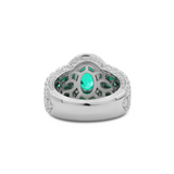 14K White Gold 9*7mm Oval Columbian Lab Emerald Vintage Ring with Pear Lab Emerald and Round Lab Diamond Side-stones Pave
