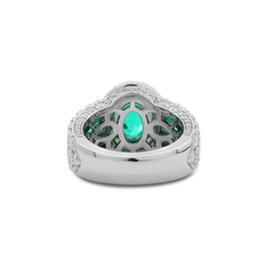 14K White Gold 9*7mm Oval Columbian Lab Emerald Vintage Ring with Pear Lab Emerald and Round Lab Diamond Side-stones Pave