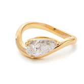 14K Yellow Gold 2 Carat Solitaire Diamond Ring with Pear Cut Lab Diamond and Wave Design
