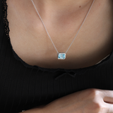 14K White Gold 3ct Aquamarine Blue Emerald Cut Lab Corundum Bezel Pendant Necklace