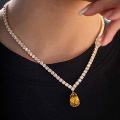 18K Yellow Gold 32.5 ct tw 4mm Tennis Necklace with A Pear Brazilian Natural Citrine