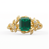 14K Yellow Gold 1ct Lab Emerald Art Nouveau Nature-Inspired Ring with Round Lab Diamond Side-stones