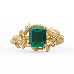 14K Yellow Gold 1ct Lab Emerald Art Nouveau Nature-Inspired Ring with Round Lab Diamond Side-stones