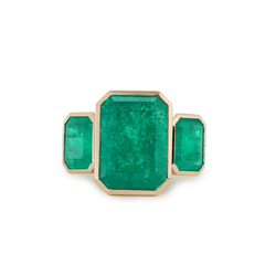14K Yellow Gold 10.5 ct tw Emerald Cut Colombian Lab Emerald Bezel Setting Three-stone Ring