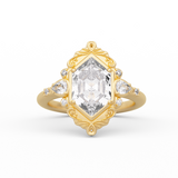 14K Yellow Gold 2ct Elongated Hexagonal Cut Lab Diamond Victoran-Style Bezel Ring with Floral Motifs