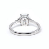 14K White Gold 1.5ct Radiant Cut Lab Diamond Three Stone Ring with Triangular Cut Lab Diamond Side Stones and Tapered Band Design