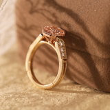 14K Yellow Gold 2ct Radiant Cut Pink Lab Diamond Cathedral Setting Vintage Ring with 14K Rose Gold Millegrain Basket