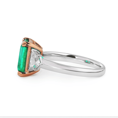 18K White and Rose Gold 2ct Lab Emerald Three Stone Ring with Cadillac Cut Lab Diamond Side-stone