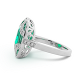 18K White Gold 2ct Cushion Lab Columbian Emerald Millegrain Invisible Setting Vintage Ring with Round Lab Diamond and Mixed Cut Lab Columbian Emerald Side-stones