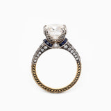 18K Gold 4.5ct Elongated Old Mine Cut Lab Diamond Antique-inspired Ring with Princess Cut Lab Sapphire & Round Cut Lab Diamond Side-stone