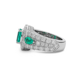 14K White Gold 9*7mm Oval Columbian Lab Emerald Vintage Ring with Pear Lab Emerald and Round Lab Diamond Side-stones Pave