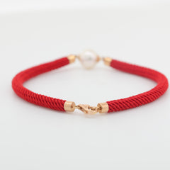 18K Yellow Gold Freshwater Pearl Red String Bracelet