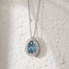 Platinum 1ct Pear Shaped Fancy Blue Lab Diamond Pendant Necklace with Round Lab Diamond Halo