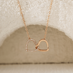 14K Rose Gold Toi et Moi Heart Shape Pendant Necklace with Round Lab Dimaond Pave