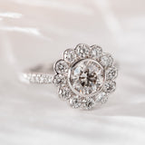 14K White Gold 1.5ct Round Cut Lab Diamond Halo Ring with Tapered Band and Half Circle Pave