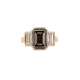 14K Yellow Gold 3.5ct Emerald Cut Brown Lab Diamond Three-stone Bezel Ring with Two Baguette Cut Lab Diamonds