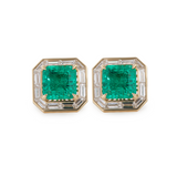 14K Yellow Gold 4.5 ct tw Asshcer Cut Colombian Lab Emerald Halo Stud Earrings