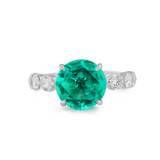 18K White Gold 2.5ct Round Colombian Lab Emerald 4 Calw Prong Ring with 8 Round Lab Diamond Side-stones