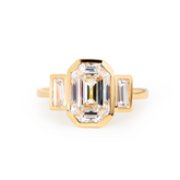 14K Yellow Gold 3ct Antique Emerald Cut Lab Diamond Bezel Three Stone Ring with Baguette Cut Lab Diamond Side-stones