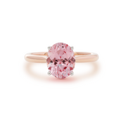 14K Rose Gold Oval Pink Lab Corundum Solitaire Ring in 4 White Gold Round Prong Cathedral Setting Design
