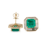 14K Yellow Gold 4.5 ct tw Asshcer Cut Colombian Lab Emerald Halo Stud Earrings
