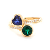 14K Yellow Gold Heart Lab Sapphire and Round Zambian Lab Emerald Toi et Moi Ring with Twist Band