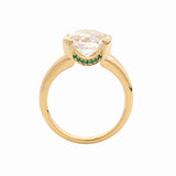 18K Yellow Gold 3.5ct Old Mine Cut Lab Diamond Half Bezel Statement Ring with Hidden Round Lab Emerald Wave Pave