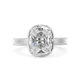 14K White Gold 3ct Elongated Old Mine Cut Lab Diamond 8 Claw Prong Basket Solitaire Ring with Millegrain Tapered Band Design