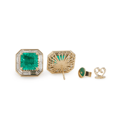 Asshcer Cut Colombian Lab Emerald Halo Stud Earrings