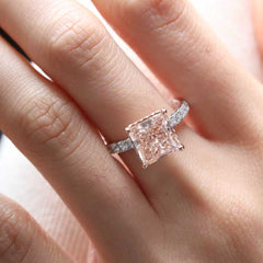 3.31ct Princess Cut Lab Pink Diamond 4 Claw Prongs Setting Engagement Pave Ring with Hidden Halo