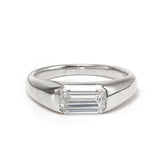 14K White Gold 1ct Emerald Cut Lab Diamond Half Bezel Ring with Tapered Band Design