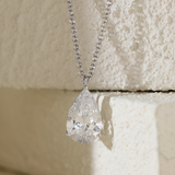 14K White Gold Necklace with 6ct Pear Shaped Lab Diamond Pendant in 3 Prong Basket Setting and Rolo Chain