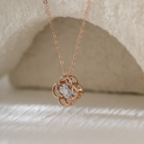 14K Rose Gold Clover Pendant Necklace with Round Lab Diamond in A Diamond-Cut Texture Halo