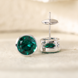 14K White Gold 3 ct tw Round Zambian Lab Emerald Bezel Stud Earrings