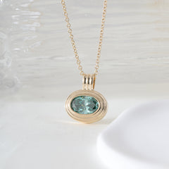 14K Yellow Gold 1.61CT Green Oval Cut Diamond Bezel Set Pendant